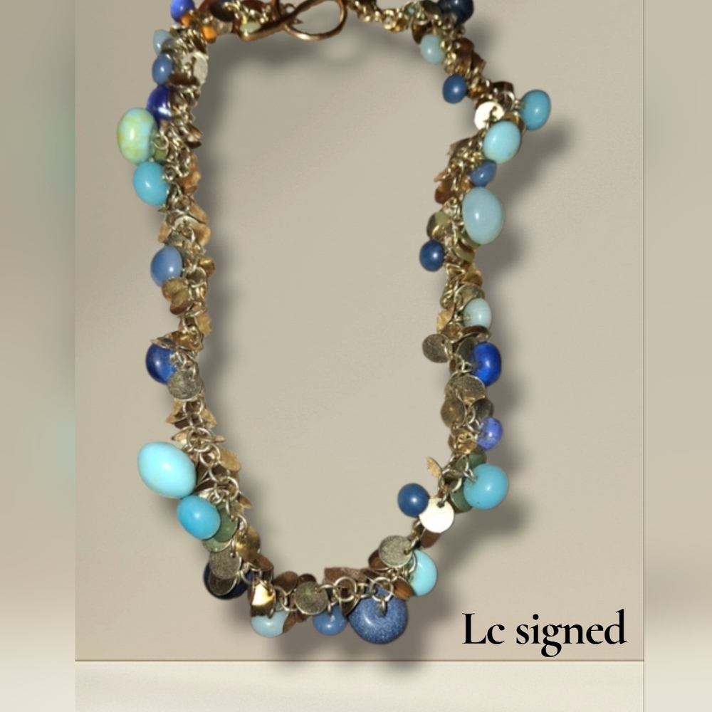 Lc gemstone beaded Signed disk necklace toggle clasp gold and blues